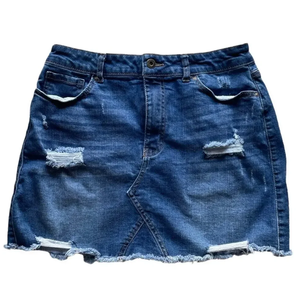 Wax Jean Distressed Mini Denim Skirt Womens Size L Blue Frayed Raw Hem Stretchy - Picture 3 of 8